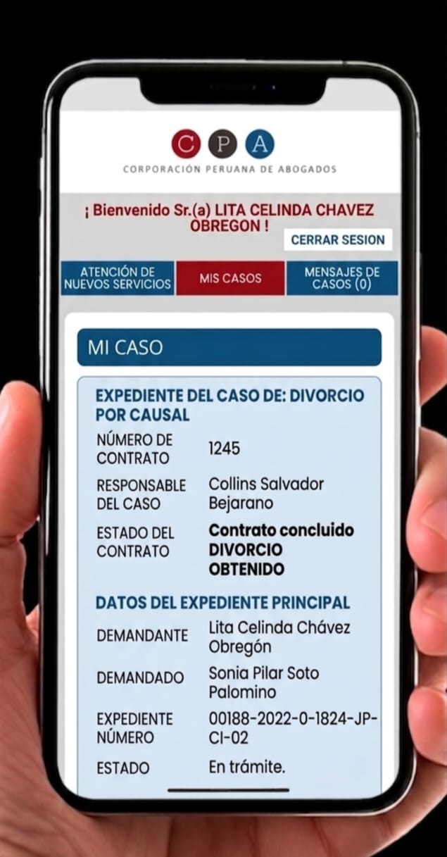 Vista del expediente, contrato concluido, divorcio obtenido y estado del caso en el sistema SIIC